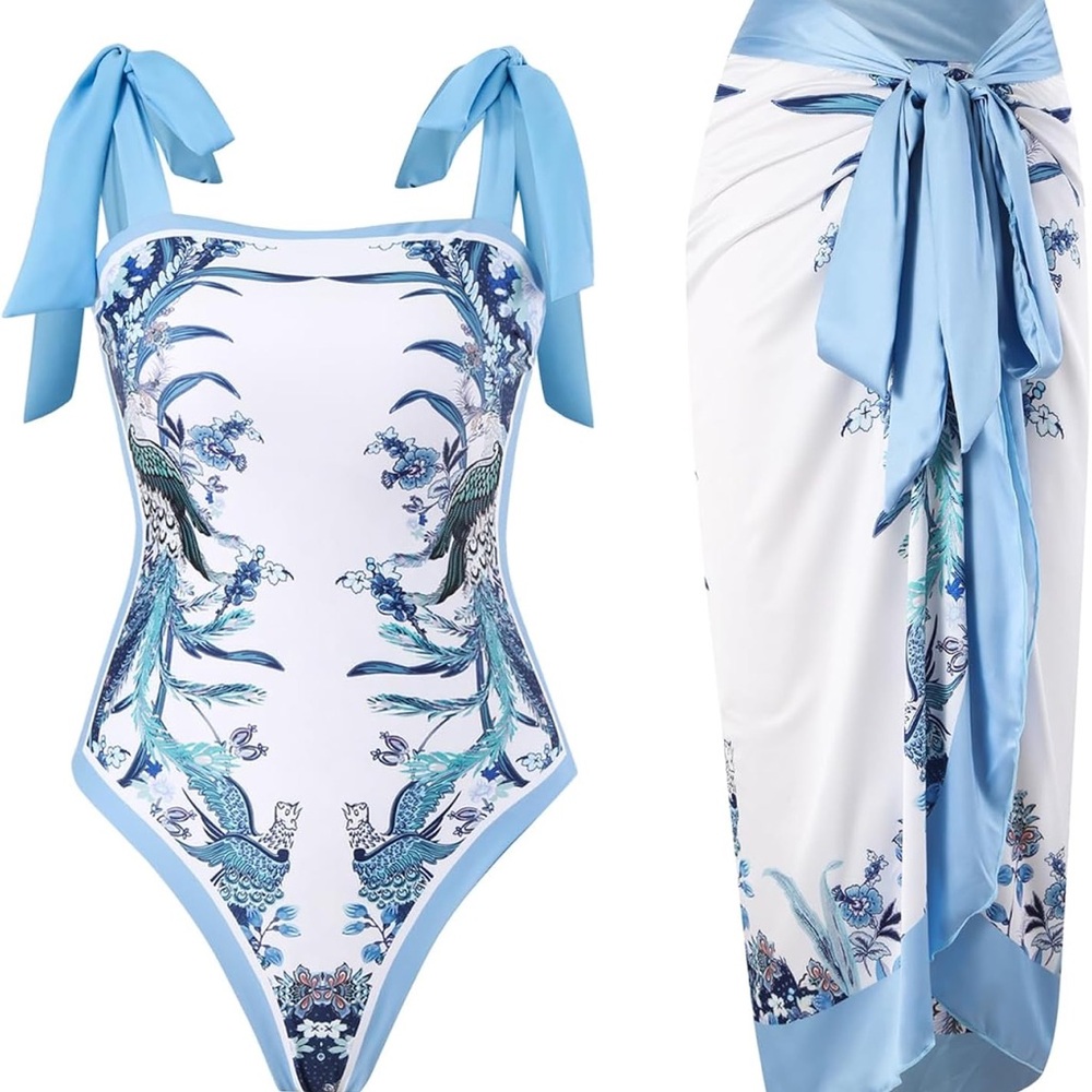 Blue and White Floral One Piece Swimsuit with Sarong Reversible Size Small